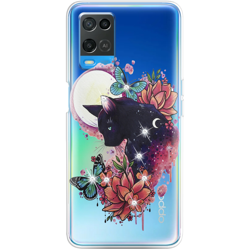 Чехол со стразами OPPO A54 Cat in Flowers