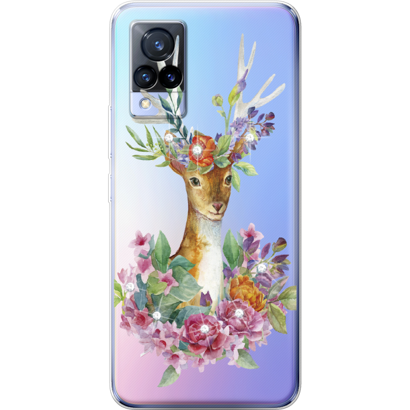 Чехол со стразами Vivo V21 Deer with flowers