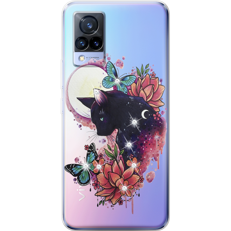 Чехол со стразами Vivo V21 Cat in Flowers