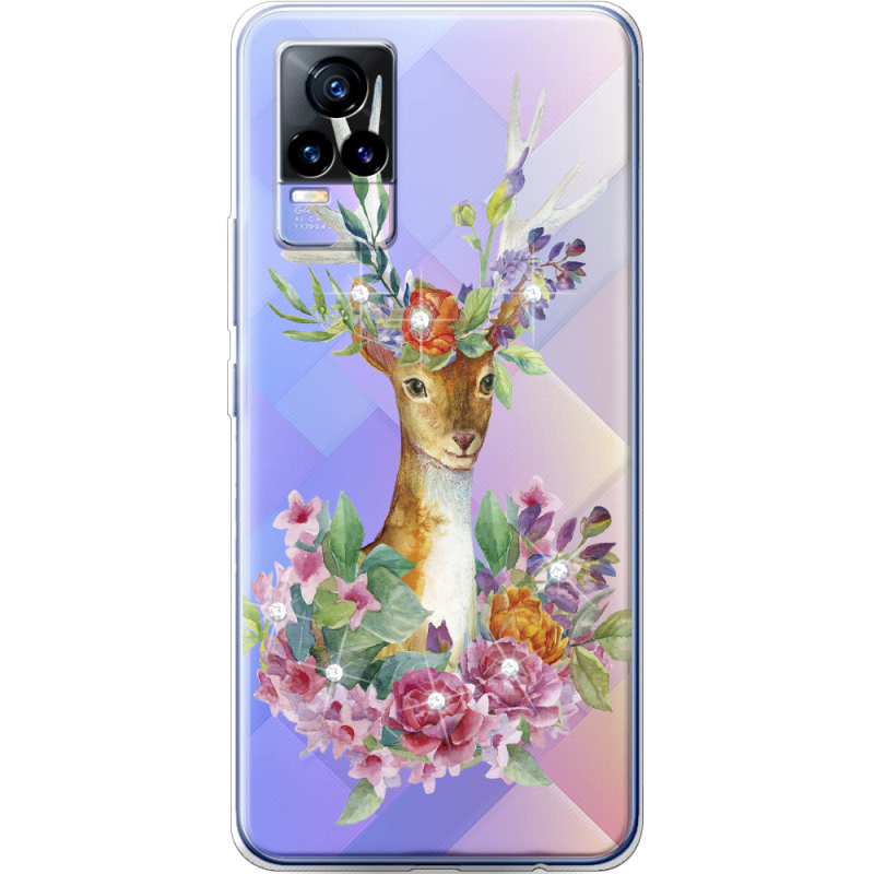 Чехол со стразами Vivo V21E Deer with flowers