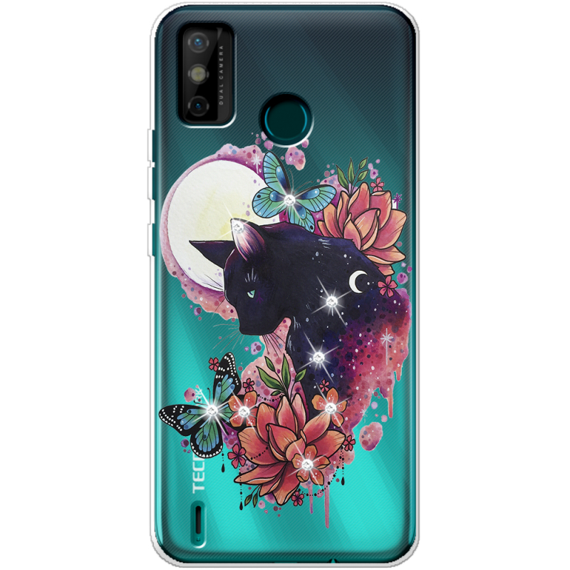 Чехол со стразами BoxFace Tecno Spark 6 Go Cat in Flowers