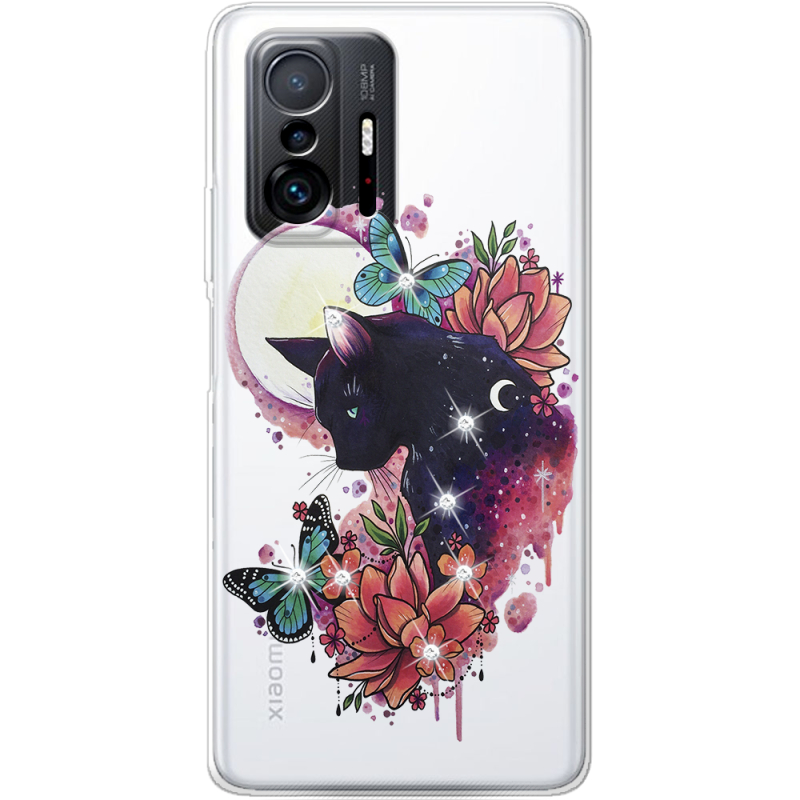 Чехол BoxFace со стразами Xiaomi 11T / 11T Pro Cat in Flowers