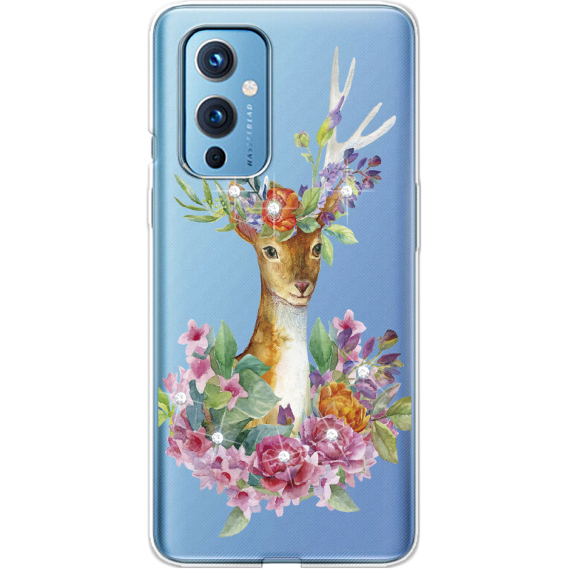Чехол со стразами OnePlus 9 Deer with flowers