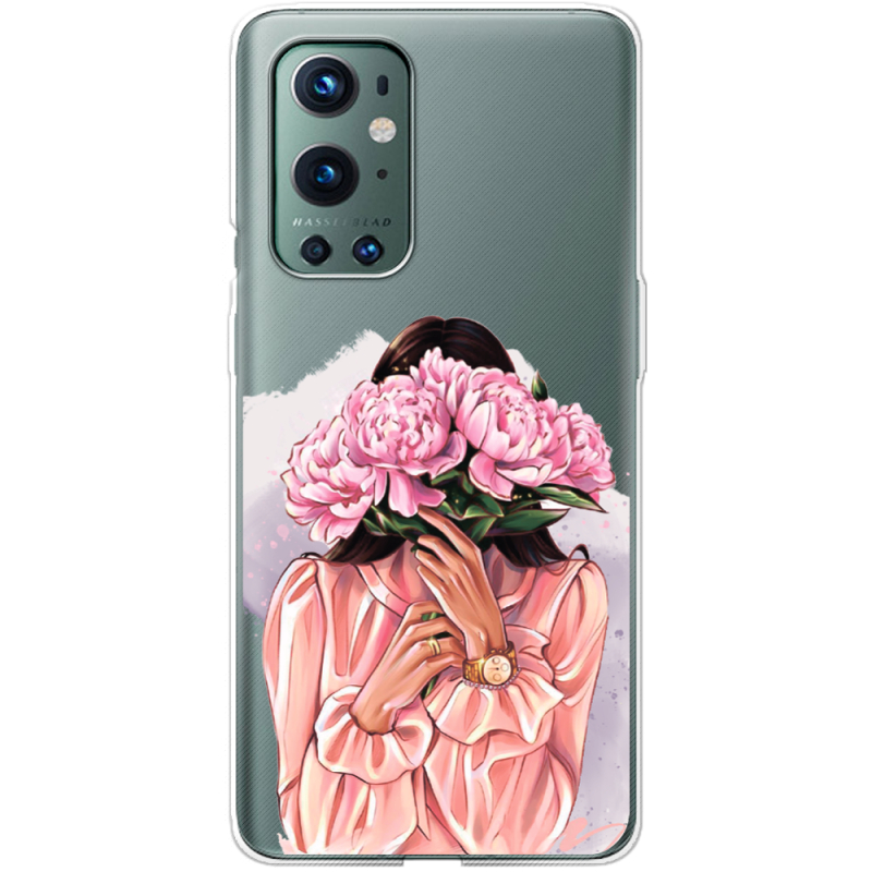 Прозрачный чехол BoxFace OnePlus 9 Pro Девушка с Пионами