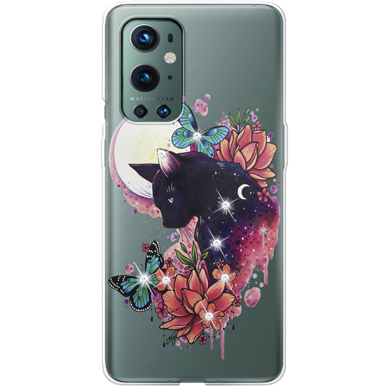 Чехол со стразами OnePlus 9 Pro Cat in Flowers