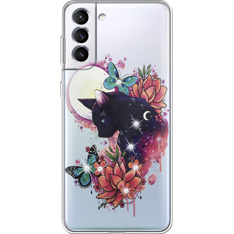 Чехол со стразами Samsung Galaxy S21 FE G990 Cat in Flowers