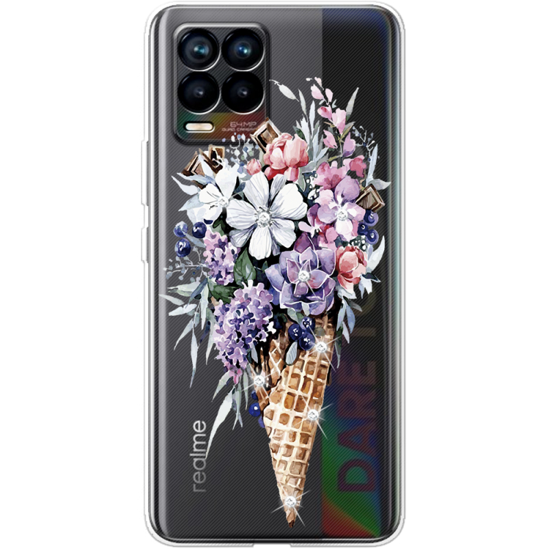 Чехол со стразами Realme 8 Ice Cream Flowers