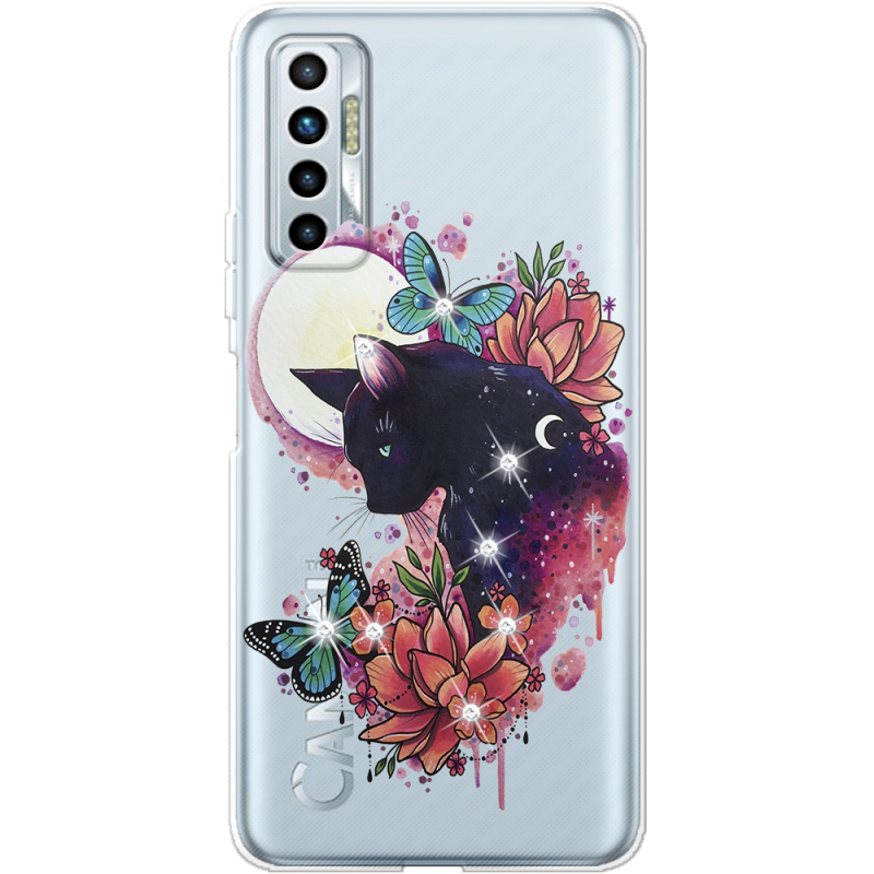 Чехол со стразами BoxFace Tecno Camon 17P Cat in Flowers