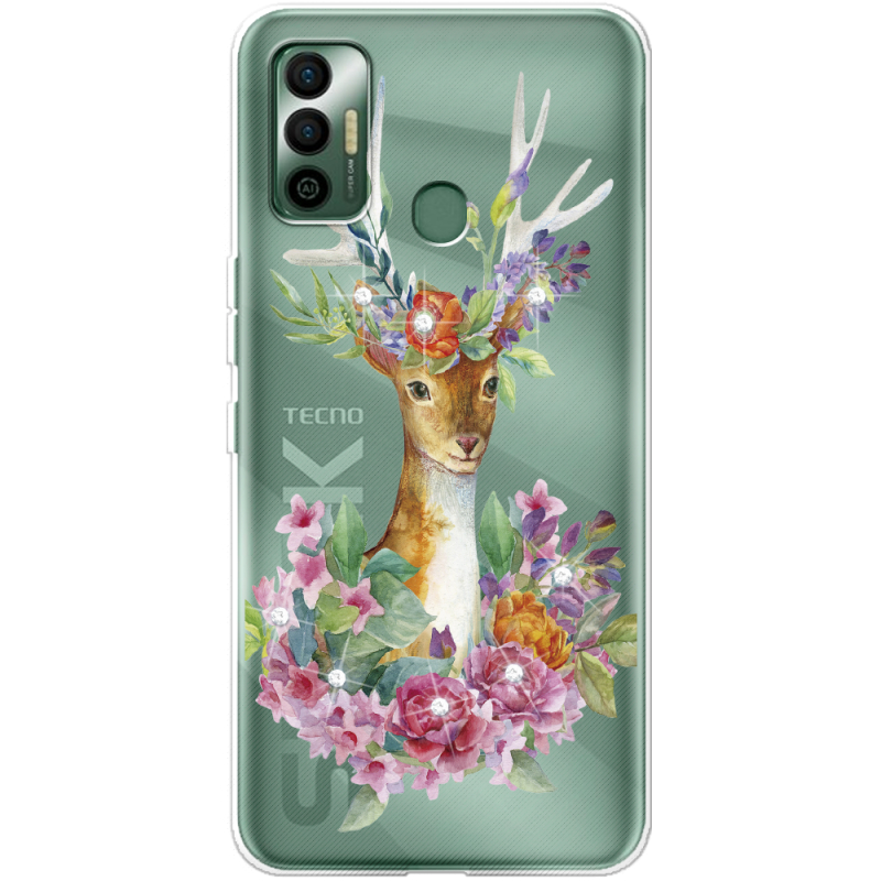 Чехол со стразами BoxFace Tecno Spark 7 Deer with flowers