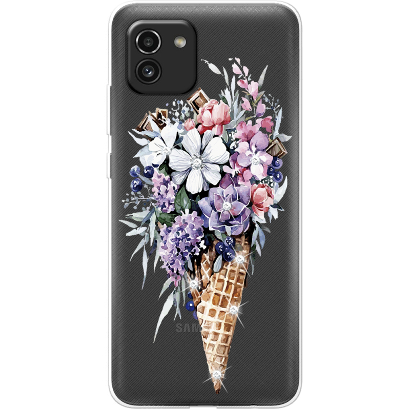 Чехол со стразами Samsung Galaxy A03 (A035) Ice Cream Flowers