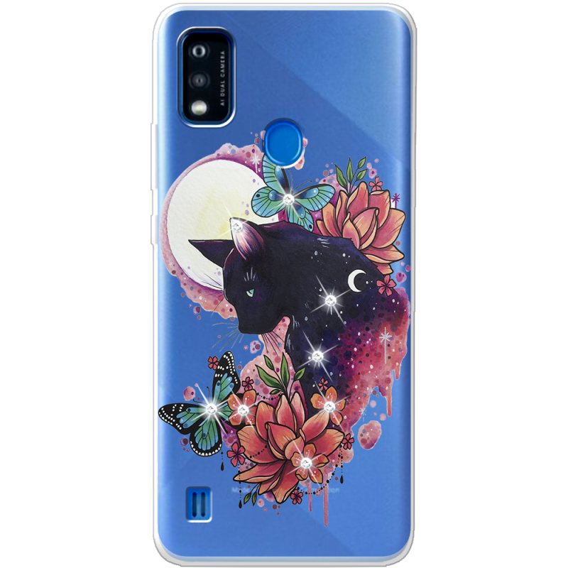 Чехол со стразами ZTE Blade A51 Cat in Flowers