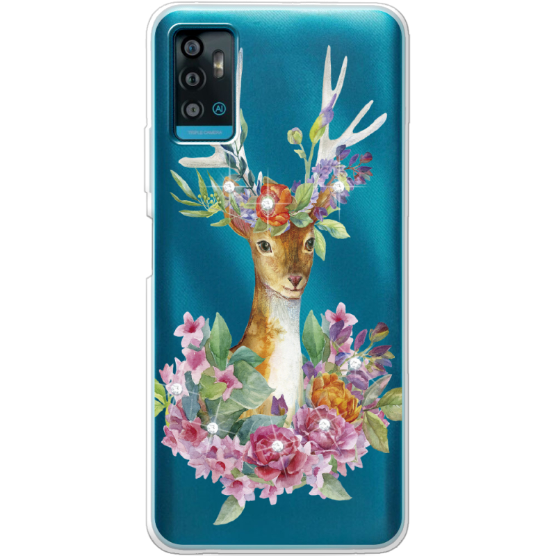 Чехол со стразами ZTE Blade A71 Deer with flowers