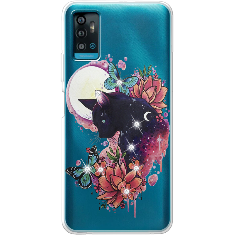 Чехол со стразами ZTE Blade A71 Cat in Flowers