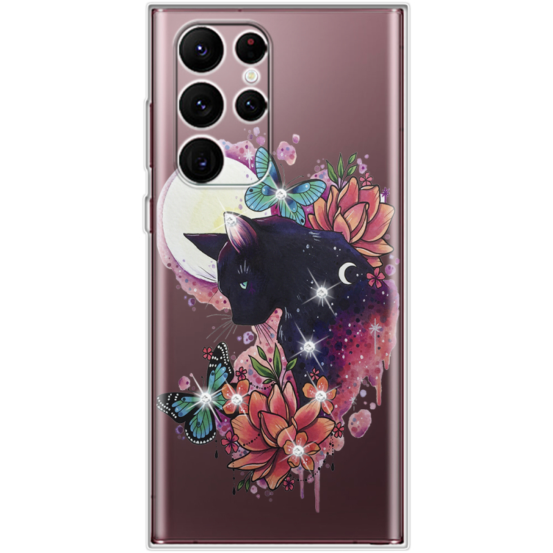 Чехол со стразами Samsung Galaxy S22 Ultra (S908) Cat in Flowers