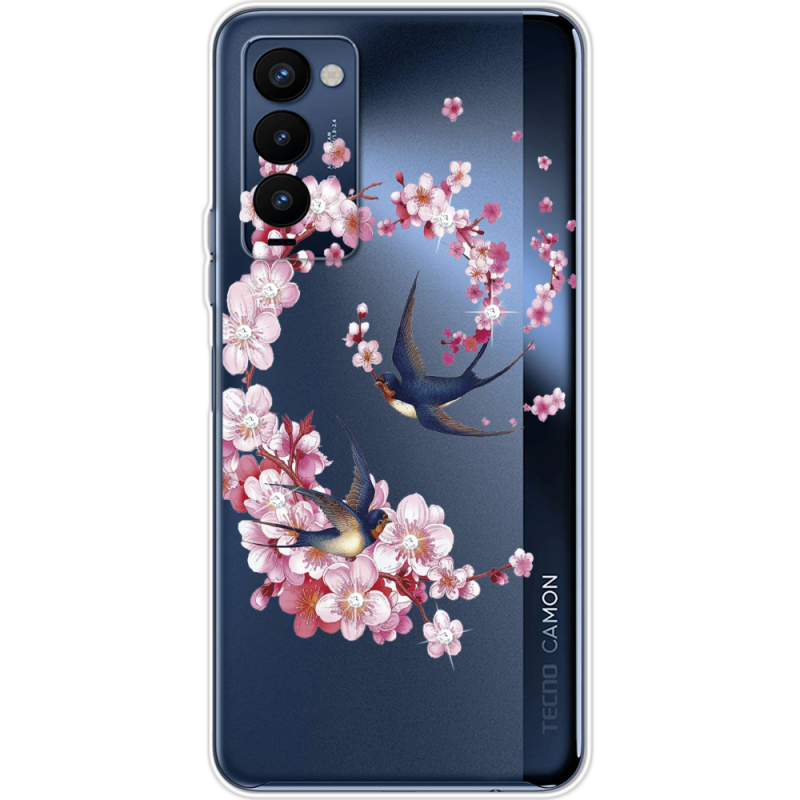 Чехол со стразами BoxFace Tecno Camon 18 / 18P Swallows and Bloom