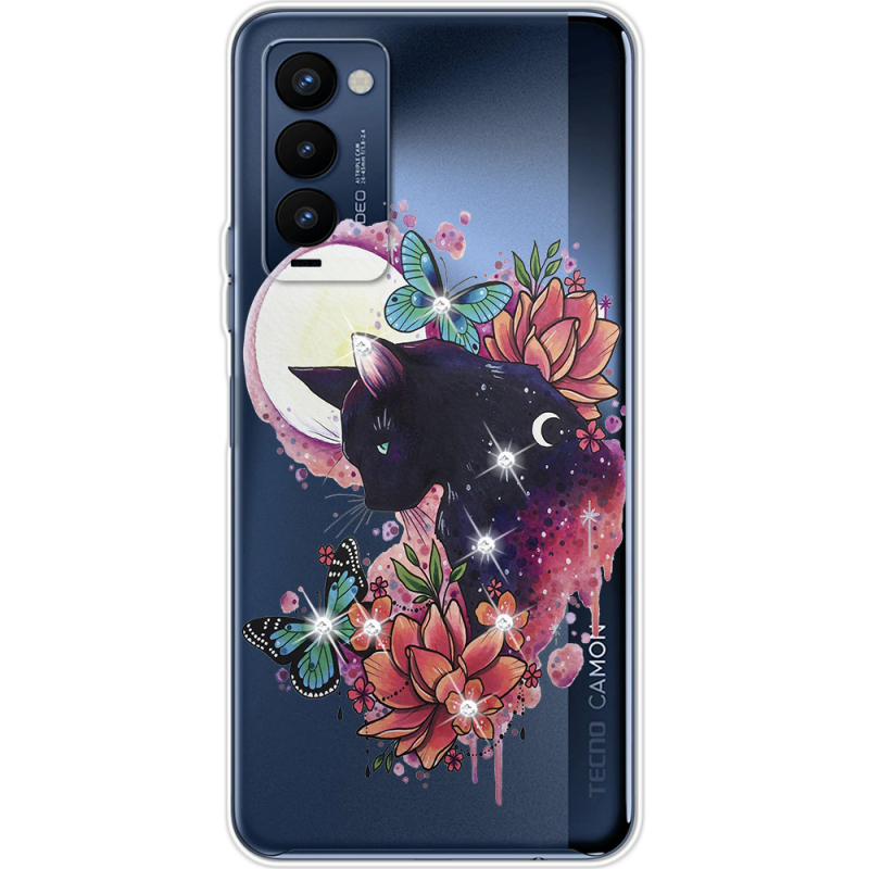 Чехол со стразами BoxFace Tecno Camon 18 / 18P Cat in Flowers