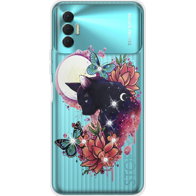 Чехол со стразами BoxFace Tecno Spark 8P Cat in Flowers