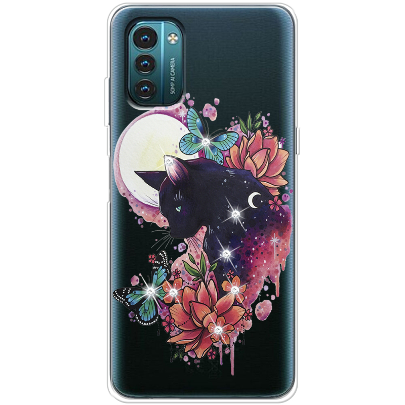 Чехол со стразами Nokia G21 Cat in Flowers