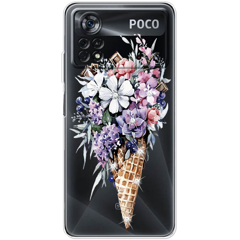 Чехол со стразами Xiaomi Poco X4 Pro 5G Ice Cream Flowers