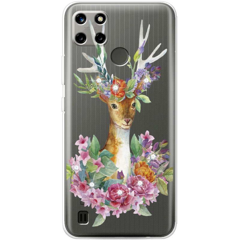 Чехол со стразами Realme C21Y Deer with flowers