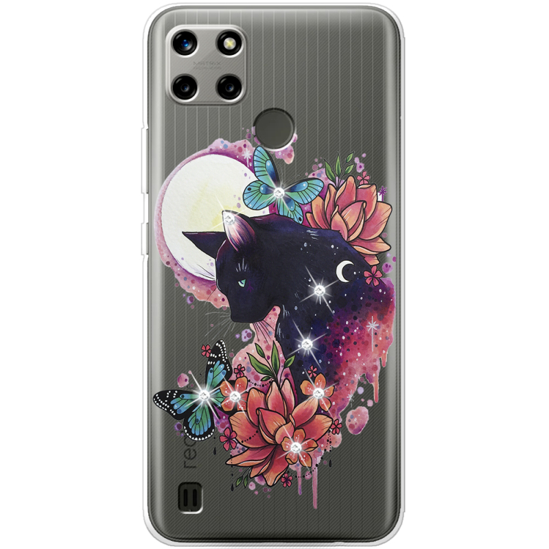 Чехол со стразами Realme C21Y Cat in Flowers