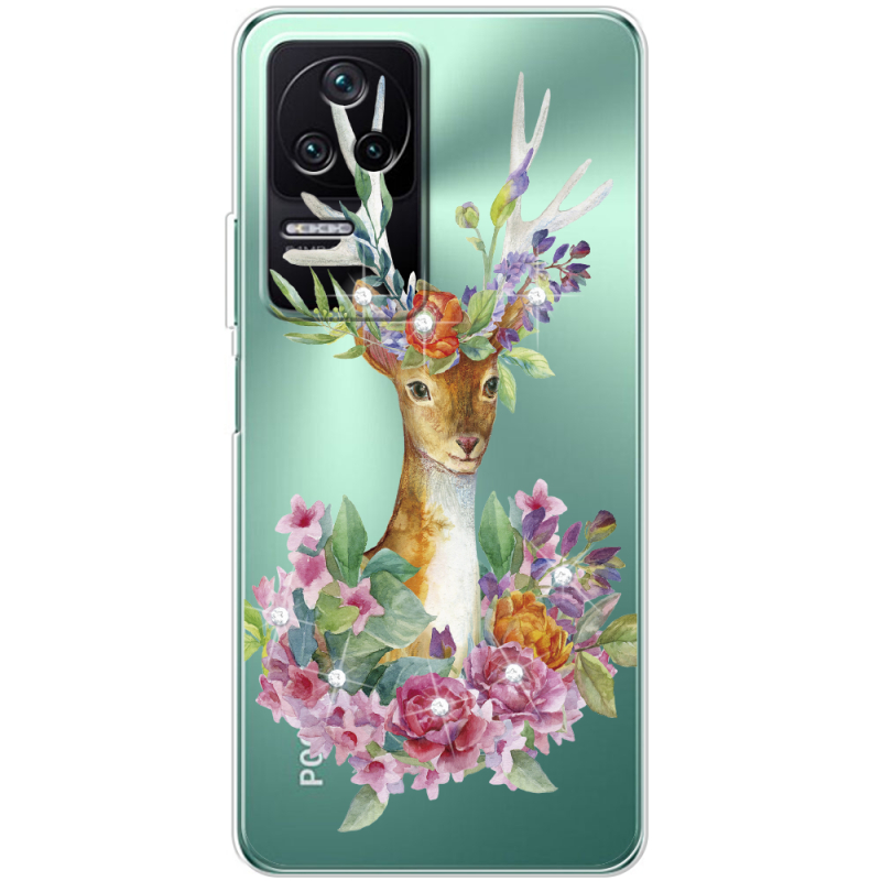 Чехол со стразами Poco F4 Deer with flowers