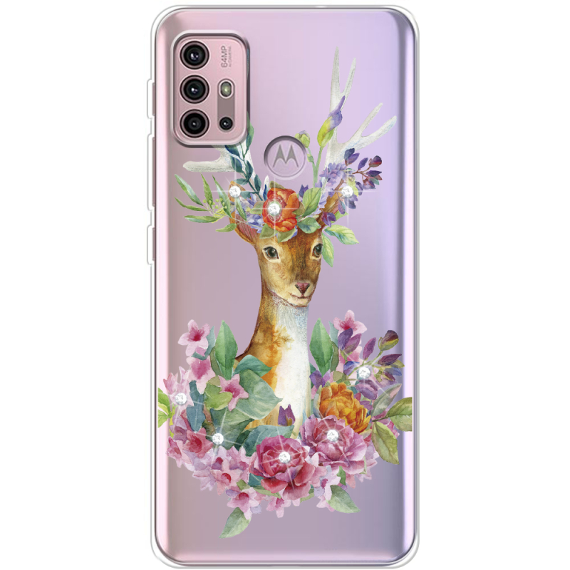 Чехол со стразами Motorola G10 Deer with flowers