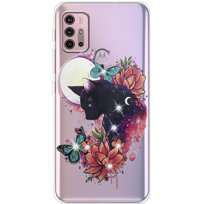 Чехол со стразами Motorola G10 Cat in Flowers