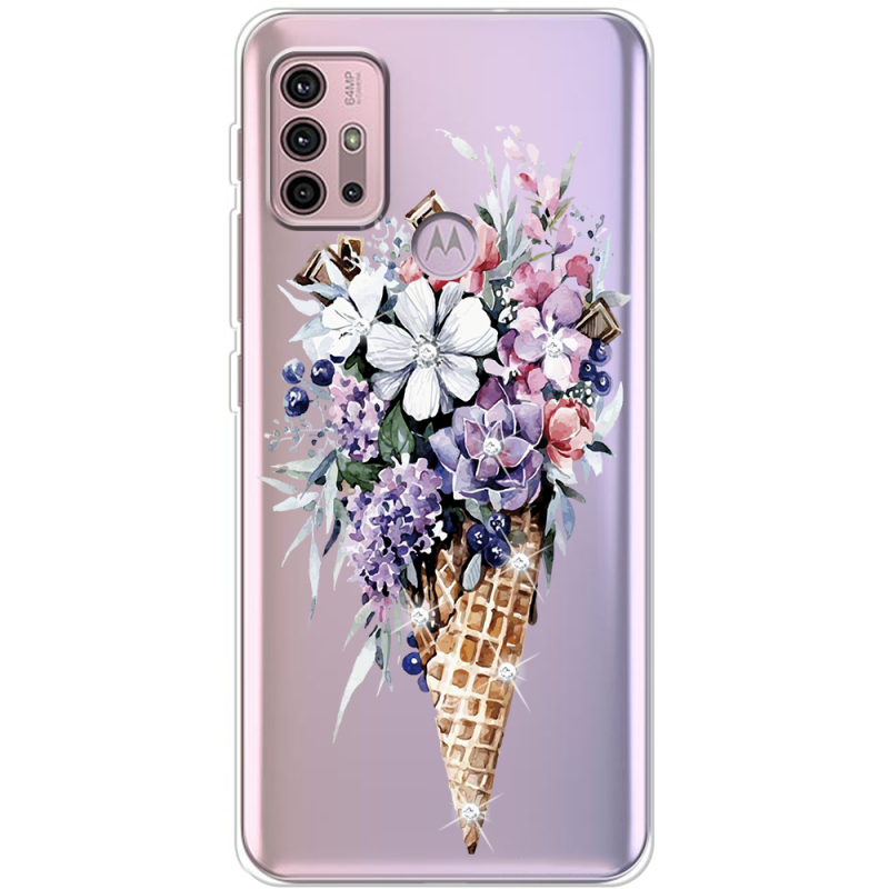 Чехол со стразами Motorola G10 Ice Cream Flowers