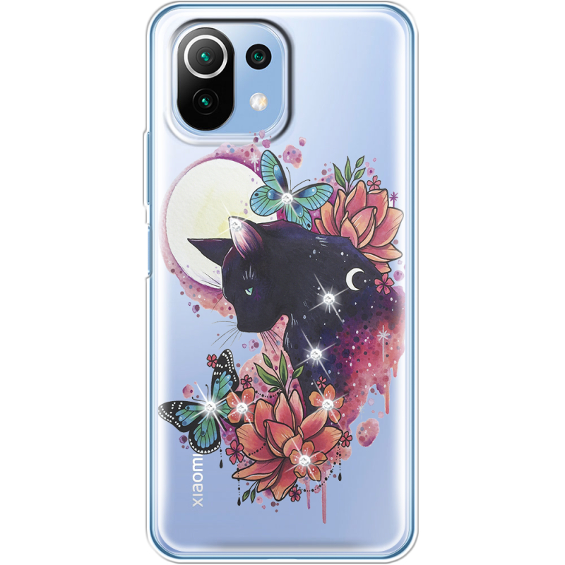 Чехол со стразами Xiaomi Mi 11 Lite Cat in Flowers