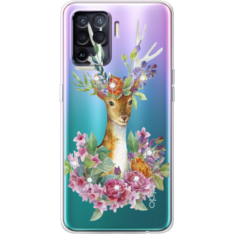 Чехол со стразами OPPO Reno5 Lite Deer with flowers