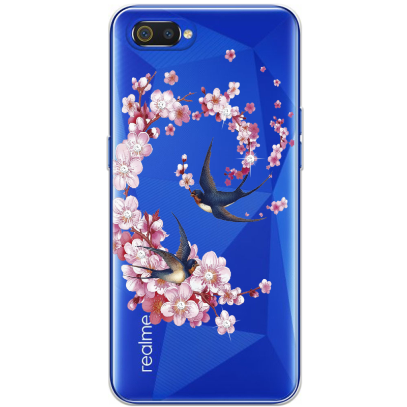 Чехол со стразами Realme C2 Swallows and Bloom