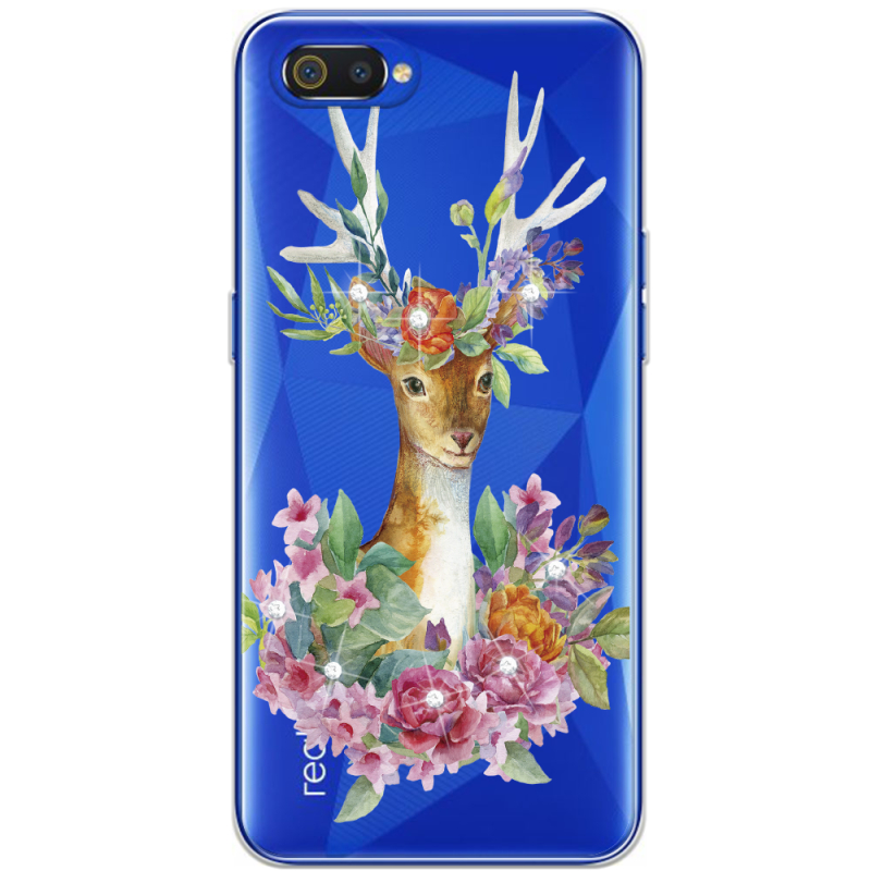 Чехол со стразами Realme C2 Deer with flowers