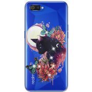 Чехол со стразами Realme C2 Cat in Flowers