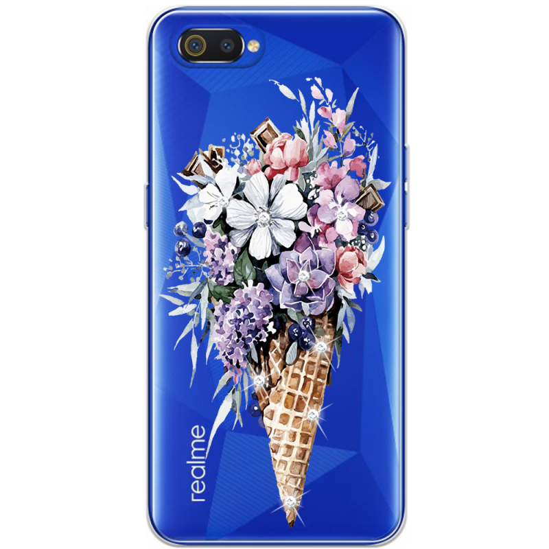 Чехол со стразами Realme C2 Ice Cream Flowers