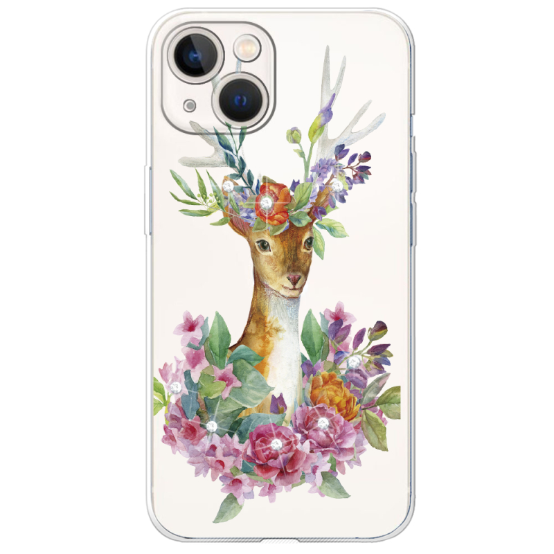 Чехол со стразами Apple iPhone 13 Deer with flowers