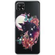Чехол со стразами Samsung Galaxy A22 5G (A226) Cat in Flowers