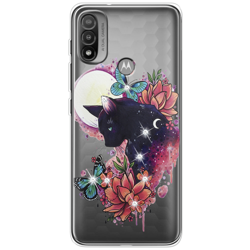 Чехол со стразами Motorola E20 Cat in Flowers