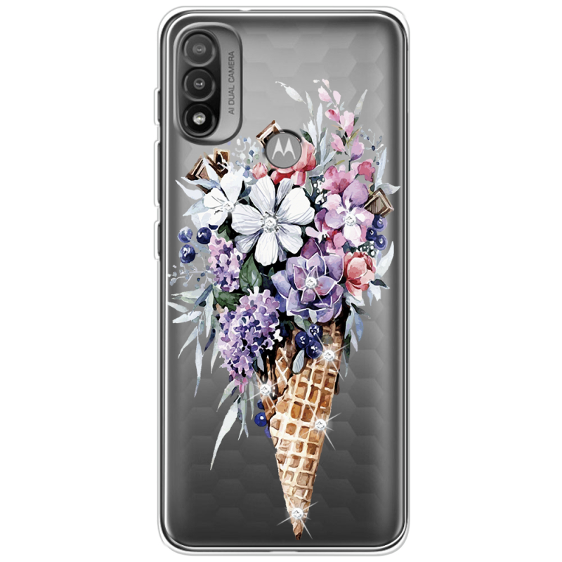 Чехол со стразами Motorola E20 Ice Cream Flowers