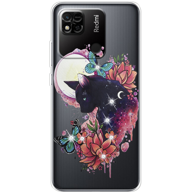 Чехол со стразами Xiaomi Redmi 10A Cat in Flowers