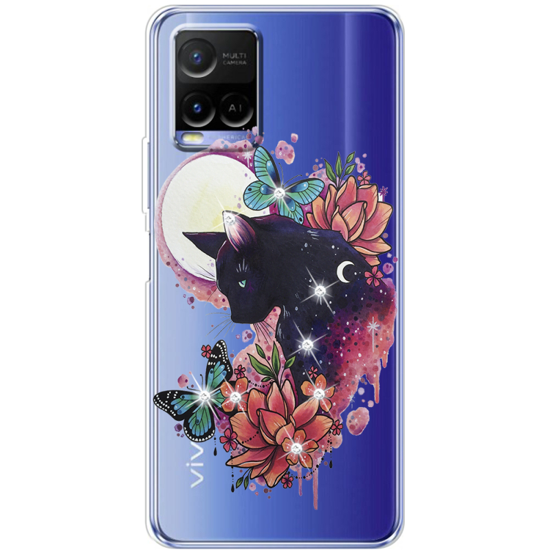 Чехол со стразами Vivo Y21 Cat in Flowers