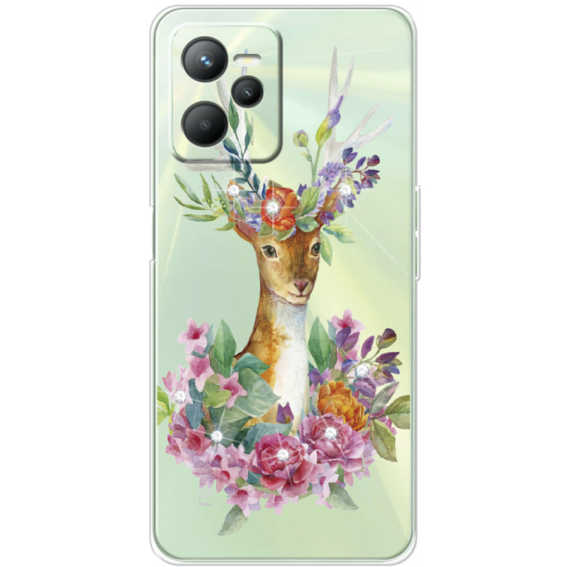 Чехол со стразами Realme C35 Deer with flowers