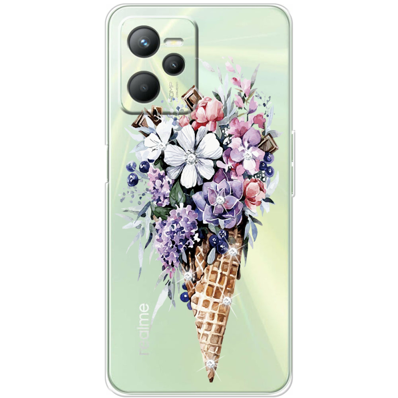 Чехол со стразами Realme C35 Ice Cream Flowers