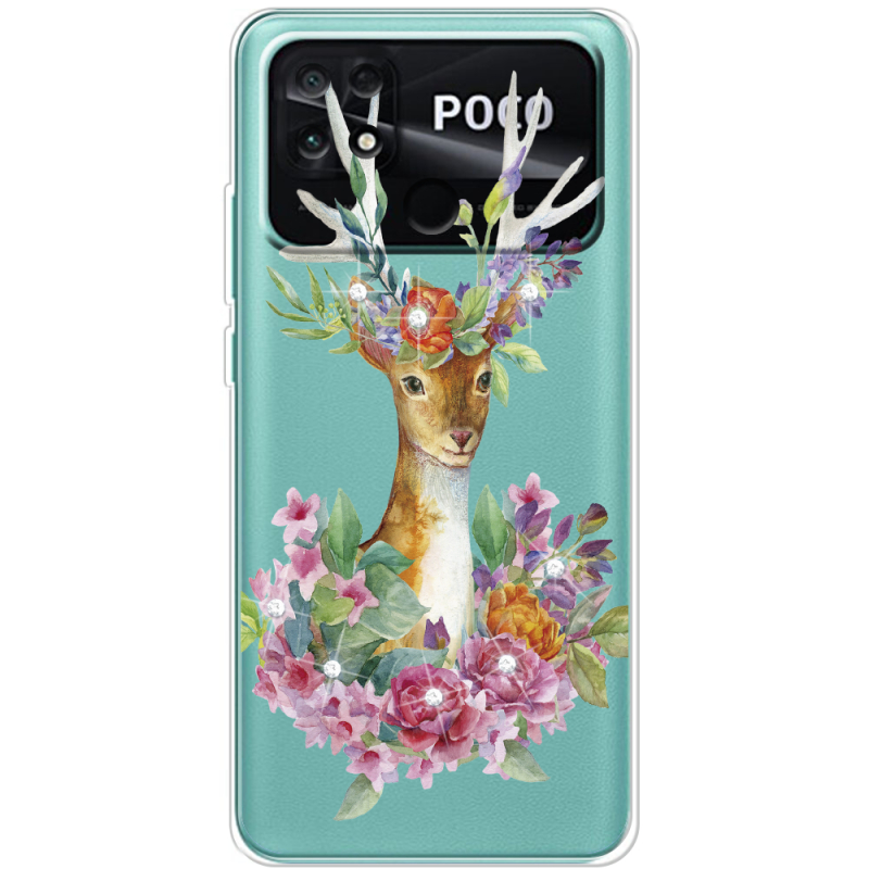 Чехол со стразами Poco C40 Deer with flowers