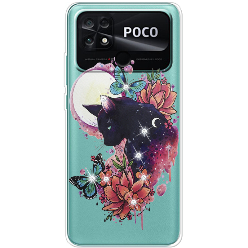 Чехол со стразами Poco C40 Cat in Flowers