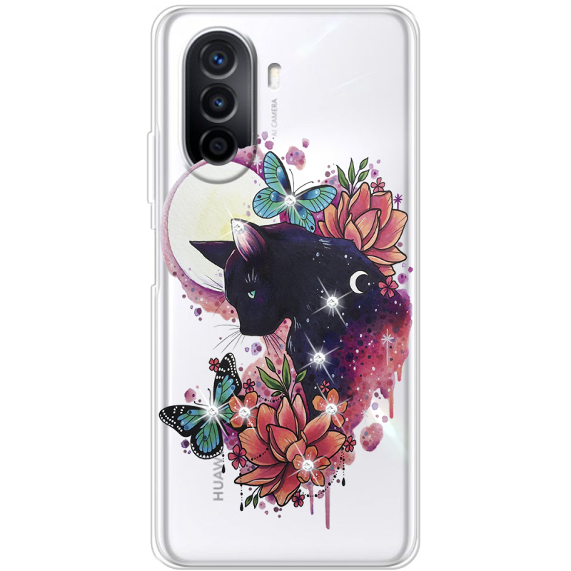 Чехол со стразами Huawei Nova Y70 Cat in Flowers