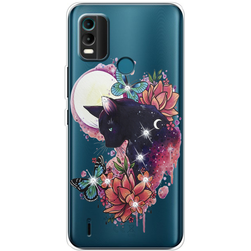 Чехол со стразами Nokia C21 Plus Cat in Flowers