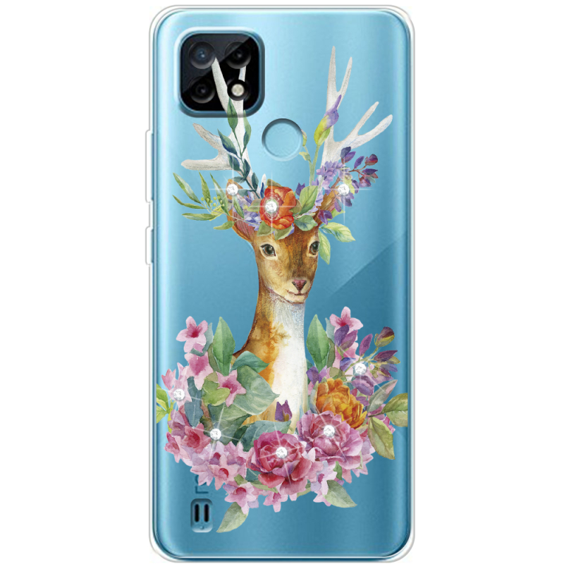 Чехол со стразами Realme C21 Deer with flowers