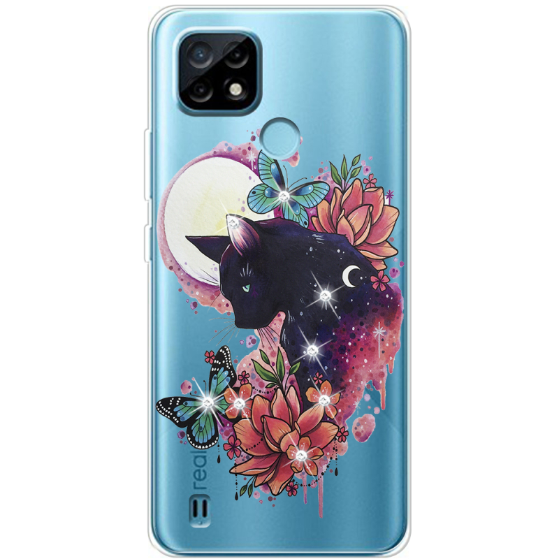 Чехол со стразами Realme C21 Cat in Flowers