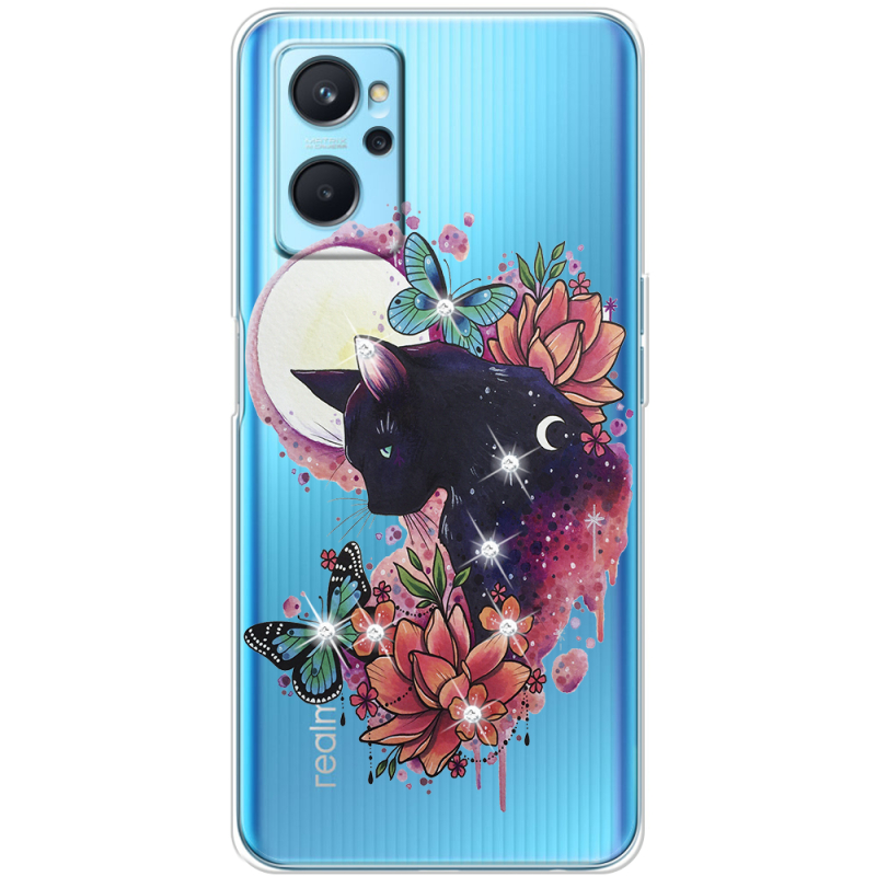 Чехол со стразами Realme 9i Cat in Flowers